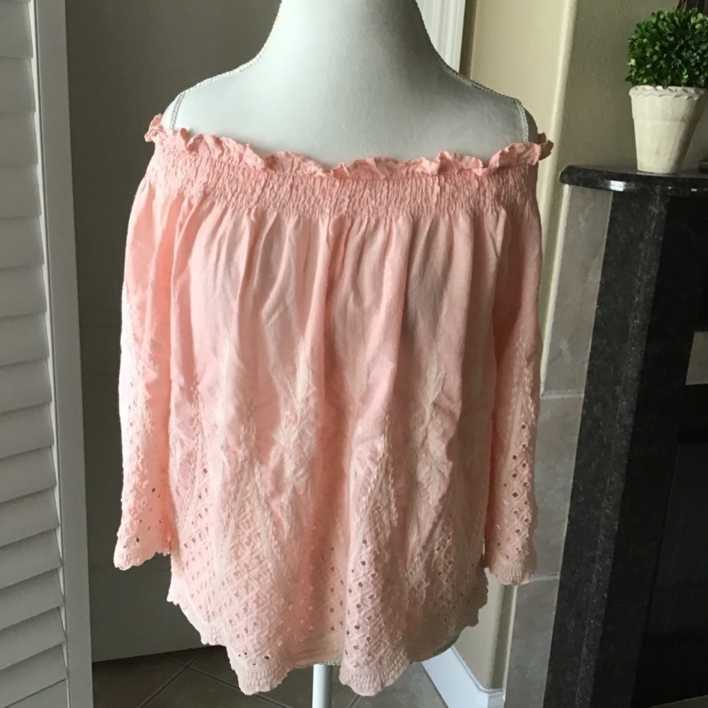 love J Off Shoulder Eyelet Blouse XLARGE Cropped Coral Pink 100% Cotton Romantic